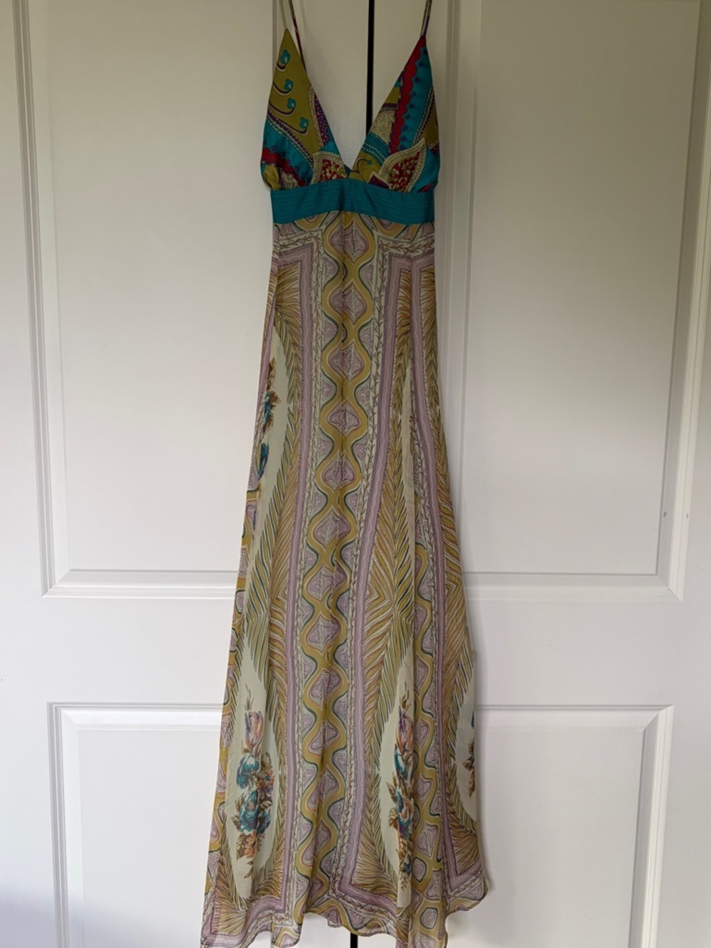 Boho V-Neck Maxi Dress in Teal and Multicolor